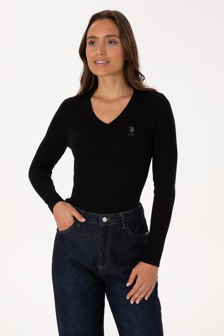 Kadın Siyah Basic V Yaka Kazak