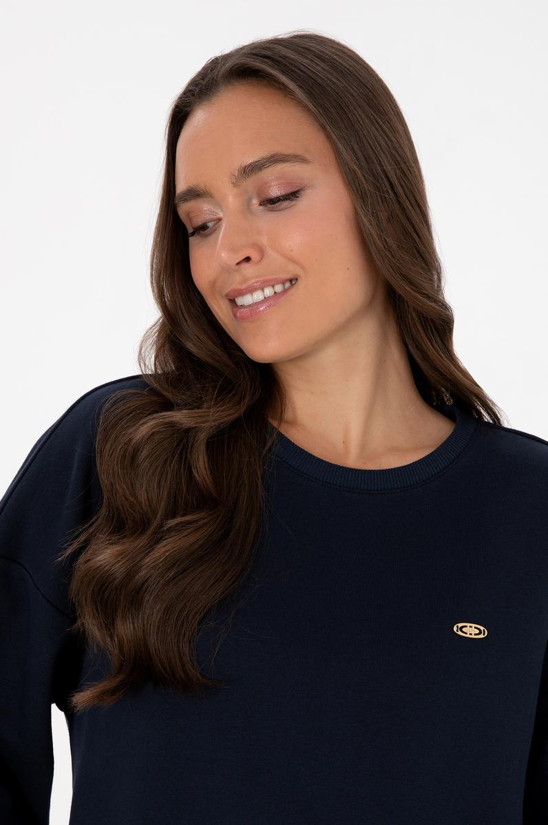 Kadın Lacivert Gömlek Detaylı Bisiklet Yaka Sweatshirt