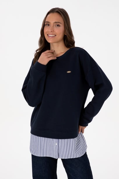 Kadın Lacivert Gömlek Detaylı Bisiklet Yaka Sweatshirt