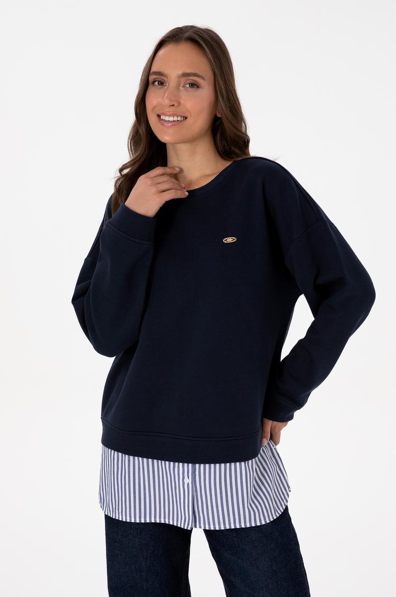 Kadın Lacivert Gömlek Detaylı Bisiklet Yaka Sweatshirt