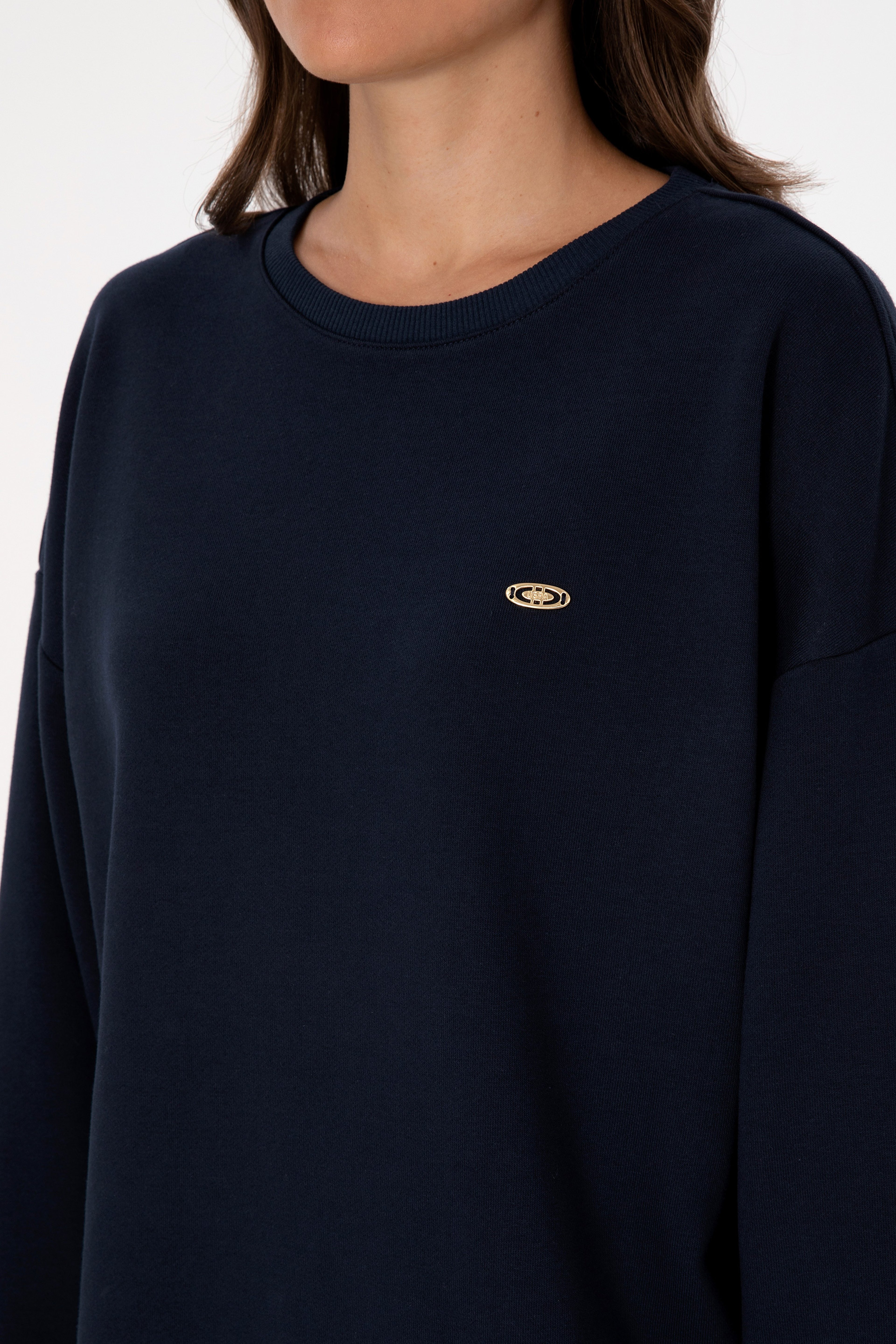 Kadın Lacivert Gömlek Detaylı Bisiklet Yaka Sweatshirt