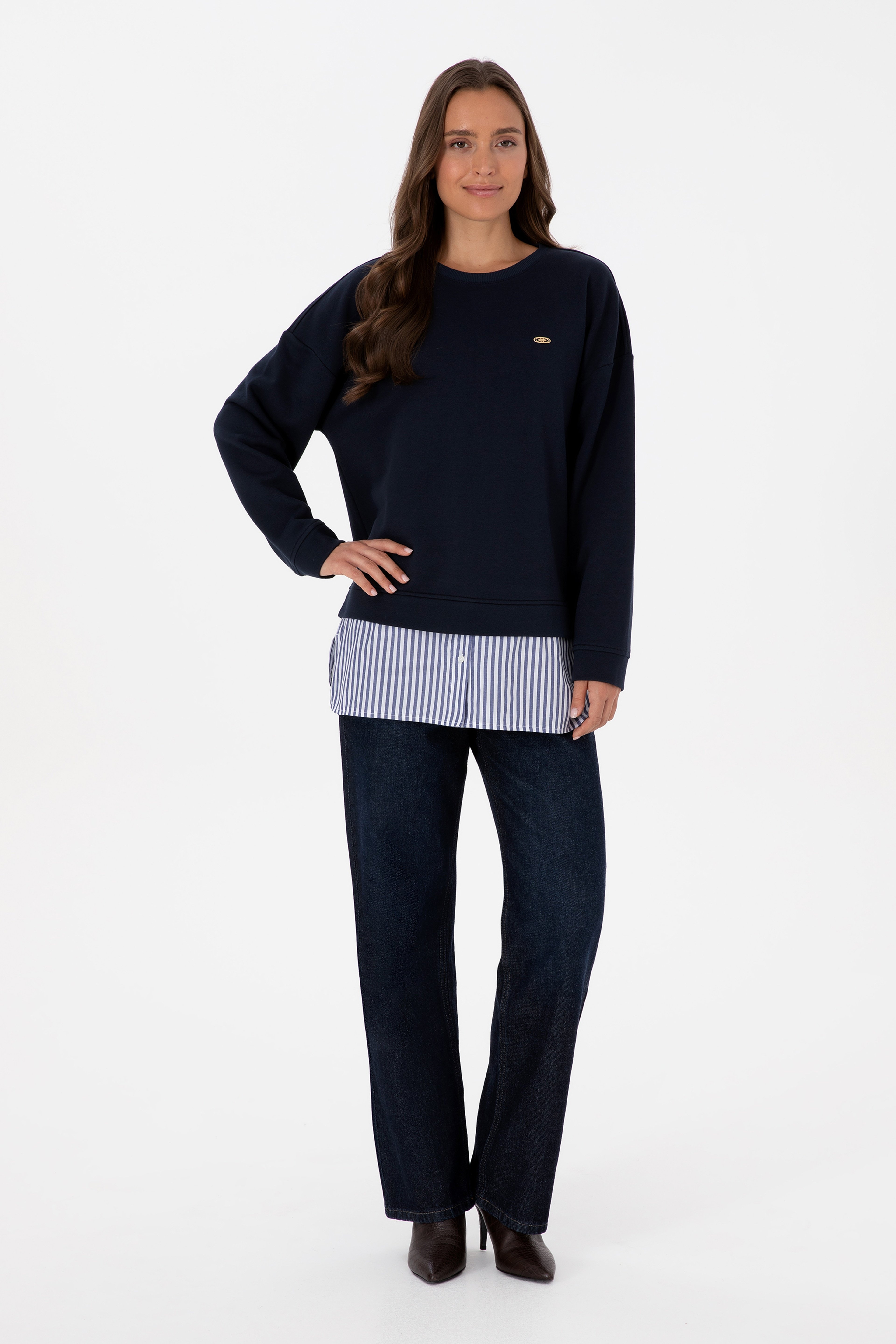 Kadın Lacivert Gömlek Detaylı Bisiklet Yaka Sweatshirt - Image 4