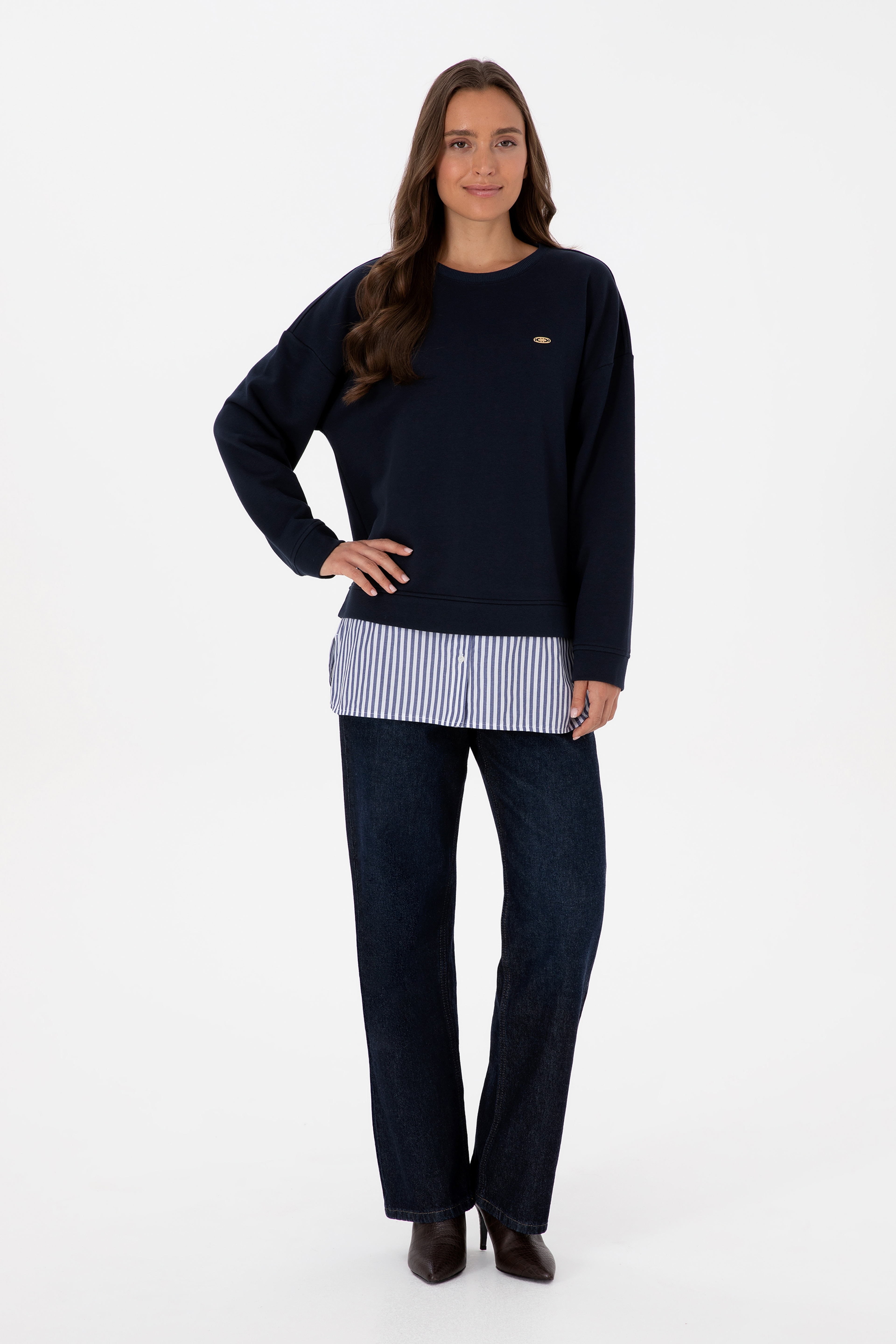 Kadın Lacivert Gömlek Detaylı Bisiklet Yaka Sweatshirt