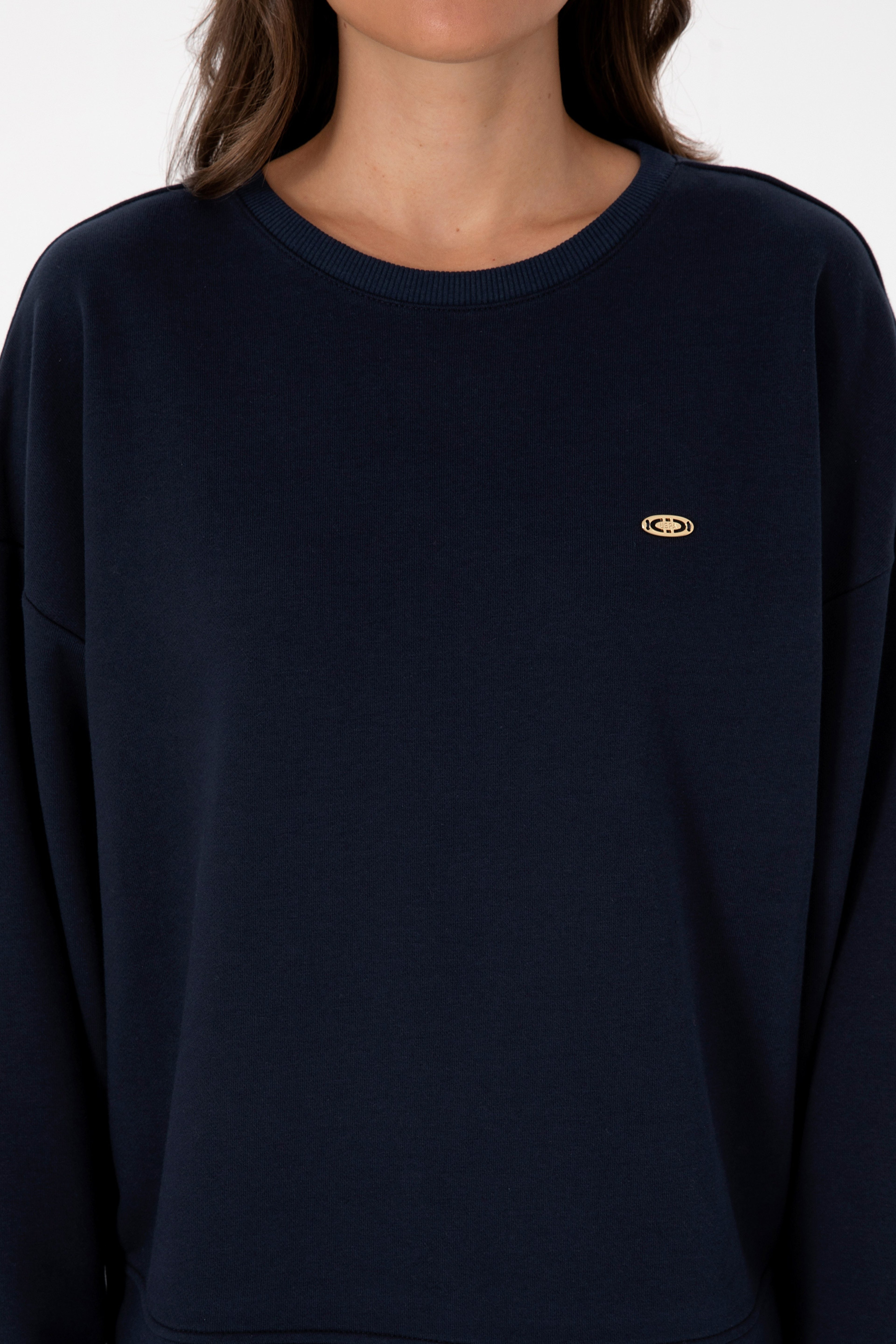 Kadın Lacivert Gömlek Detaylı Bisiklet Yaka Sweatshirt
