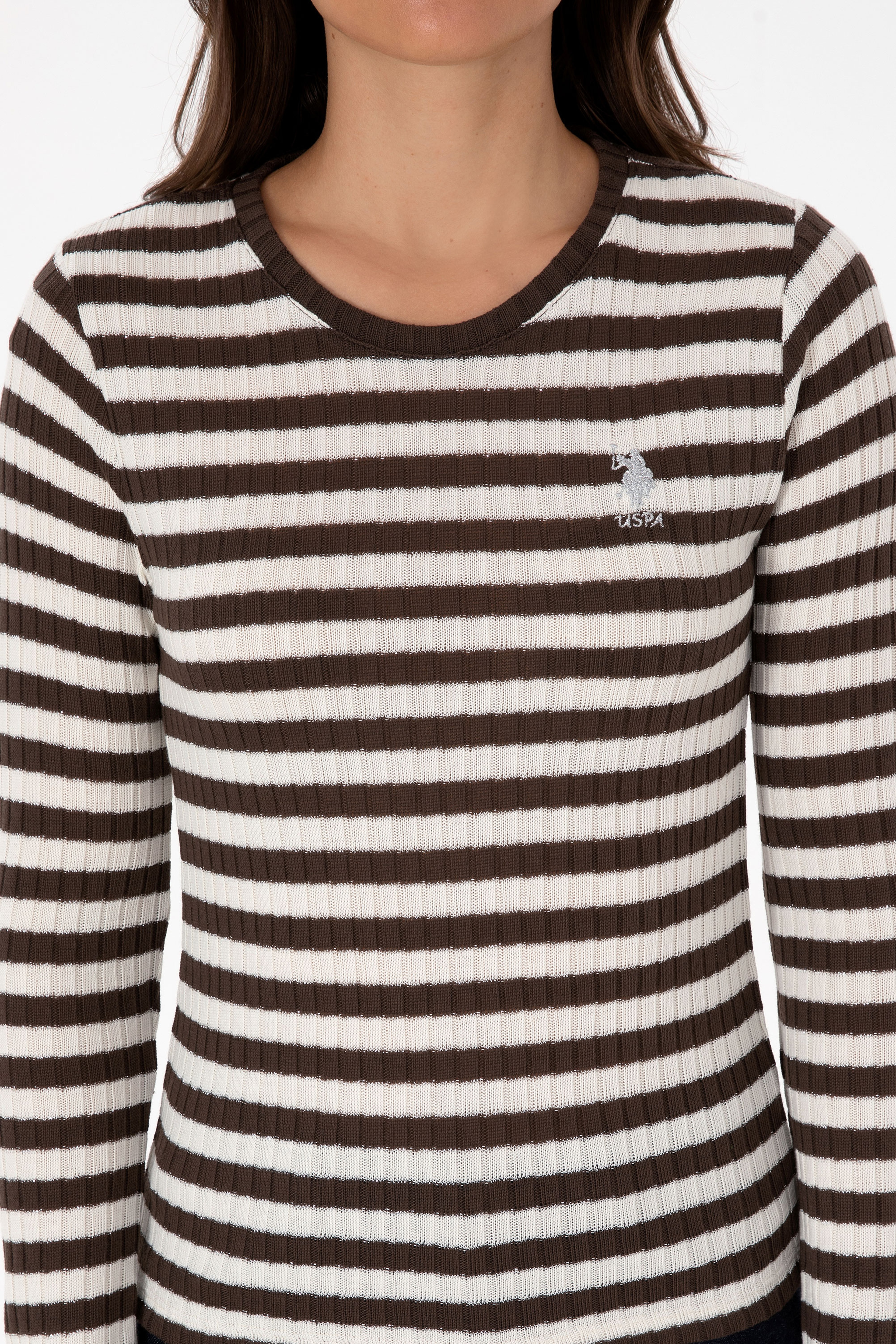 Kadın Kahverengi Çizgili Bisiklet Yaka Sweatshirt