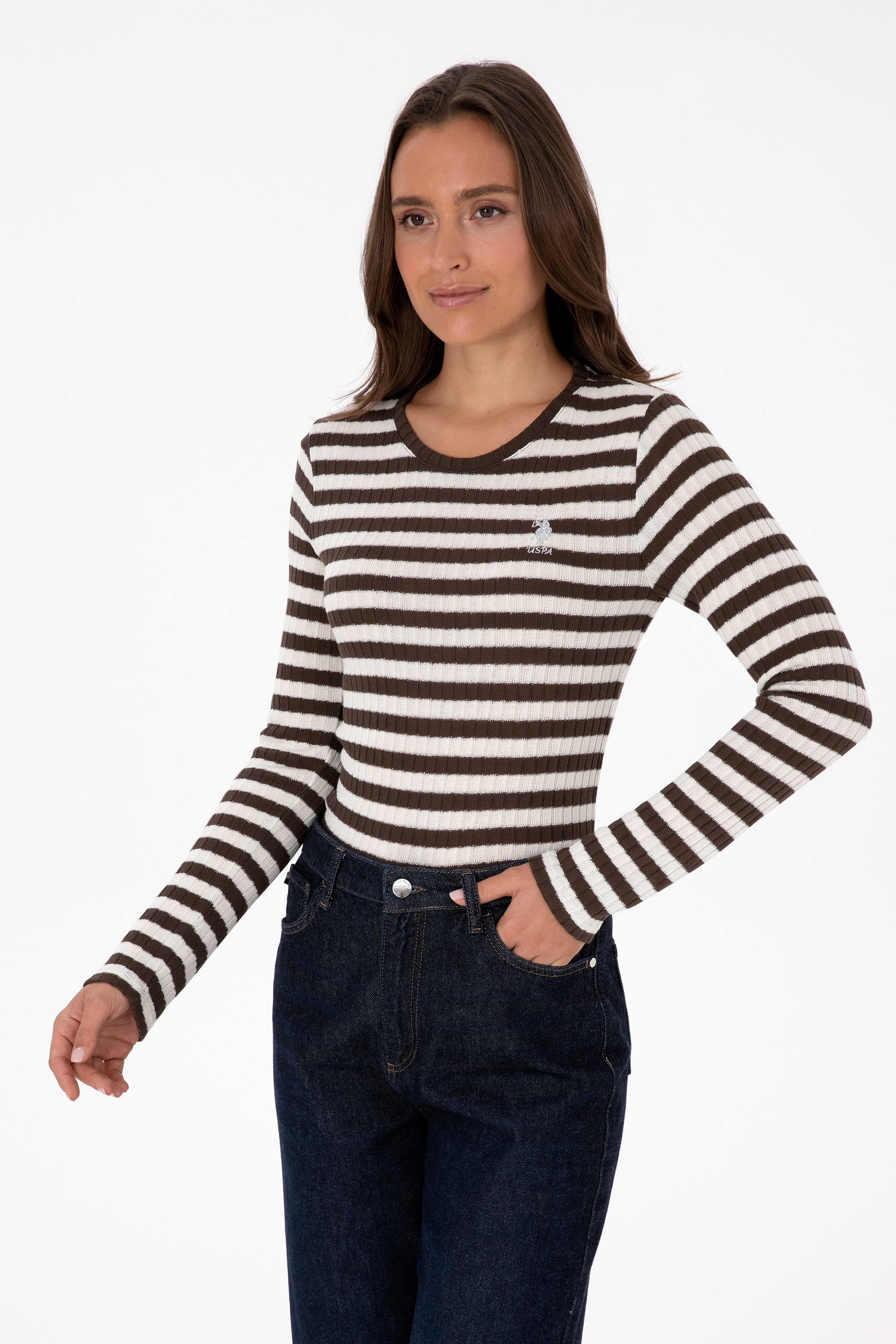 Kadın Kahverengi Çizgili Bisiklet Yaka Sweatshirt - Image 3