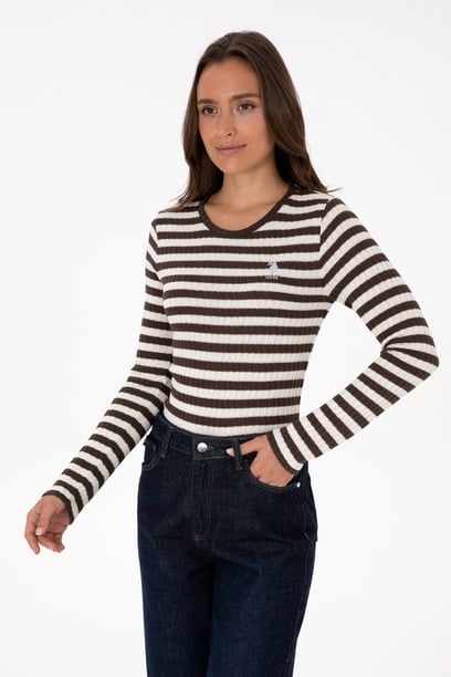 Kadın Kahverengi Çizgili Bisiklet Yaka Sweatshirt