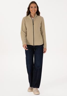 Kadın Açık Haki Fermuarlı Dik Yaka Polar Sweatshirt - 50316729016