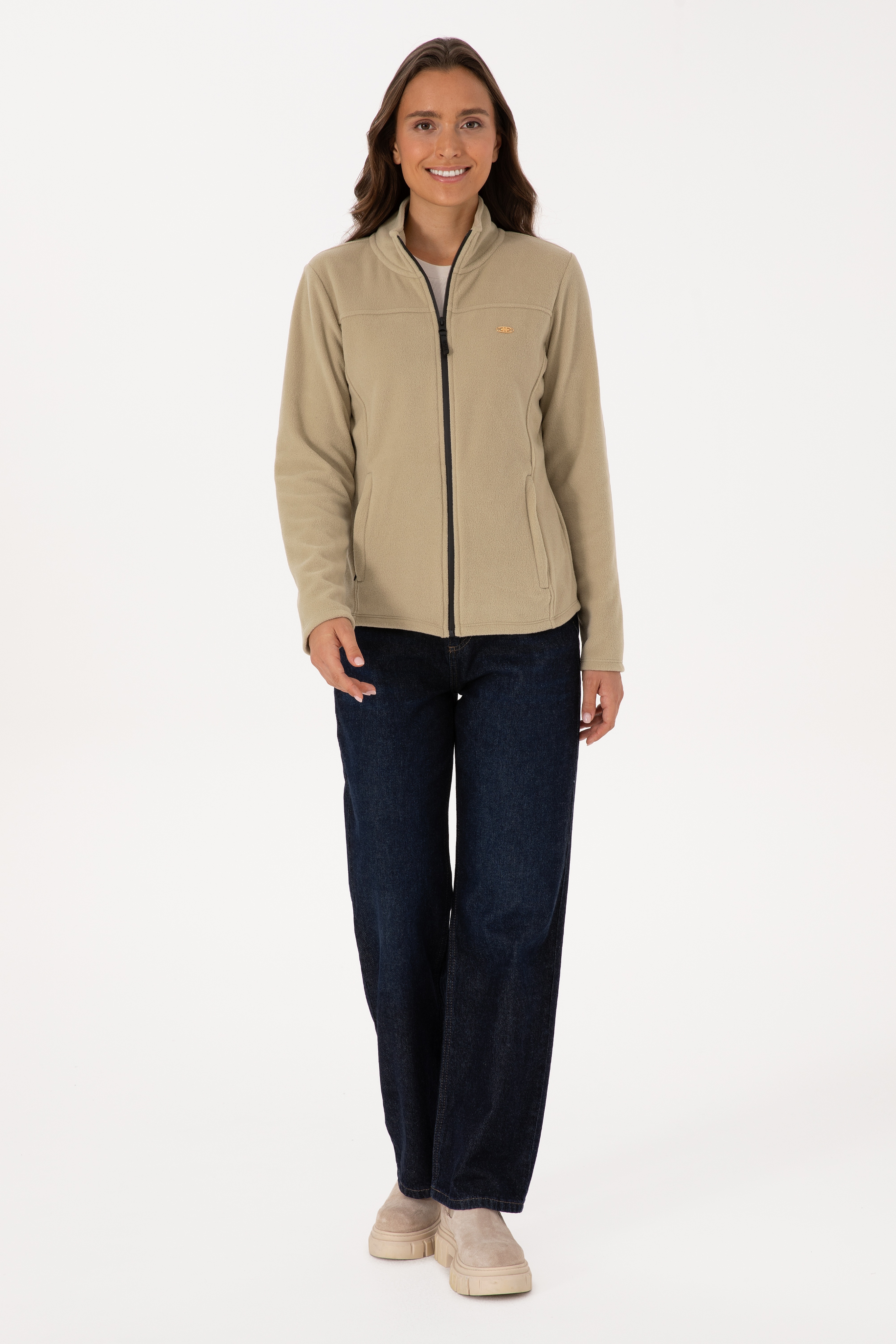 Kadın Açık Haki Fermuarlı Dik Yaka Polar Sweatshirt