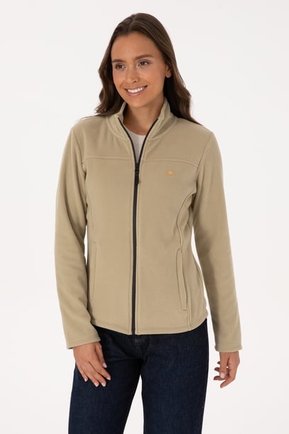 Kadın Açık Haki Fermuarlı Dik Yaka Polar Sweatshirt