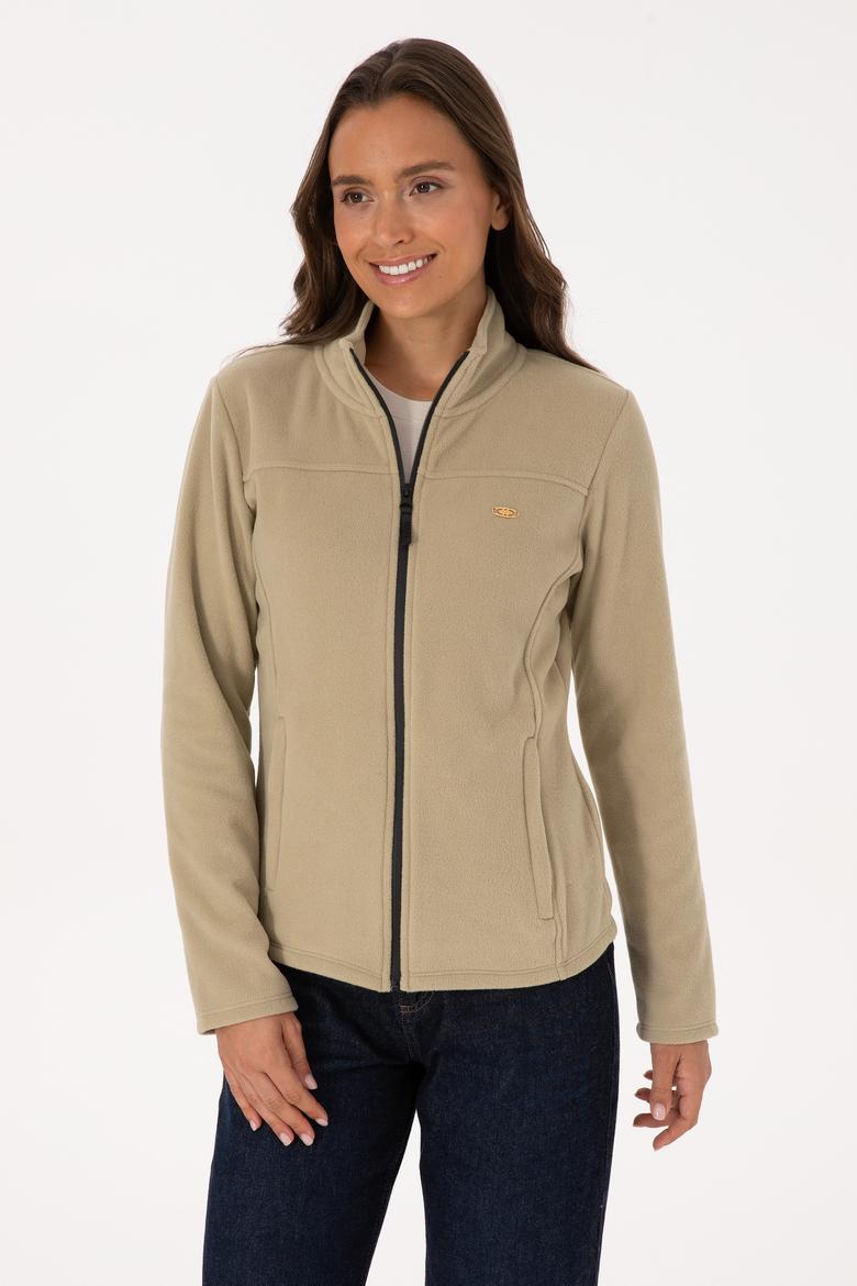 Kadın Açık Haki Fermuarlı Dik Yaka Polar Sweatshirt - 50316729016