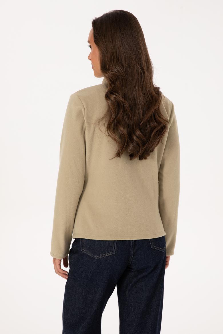 Kadın Açık Haki Fermuarlı Dik Yaka Polar Sweatshirt - 50316729016