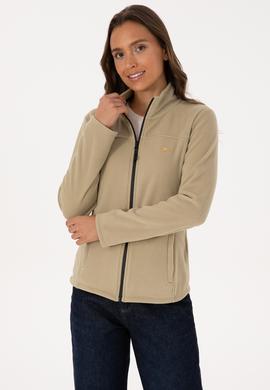 Kadın Açık Haki Fermuarlı Dik Yaka Polar Sweatshirt - 50316729016