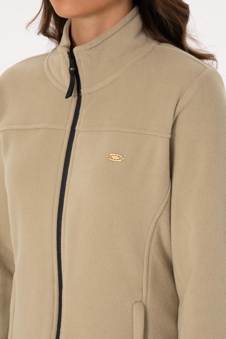 Kadın Açık Haki Fermuarlı Dik Yaka Polar Sweatshirt - 50316729016