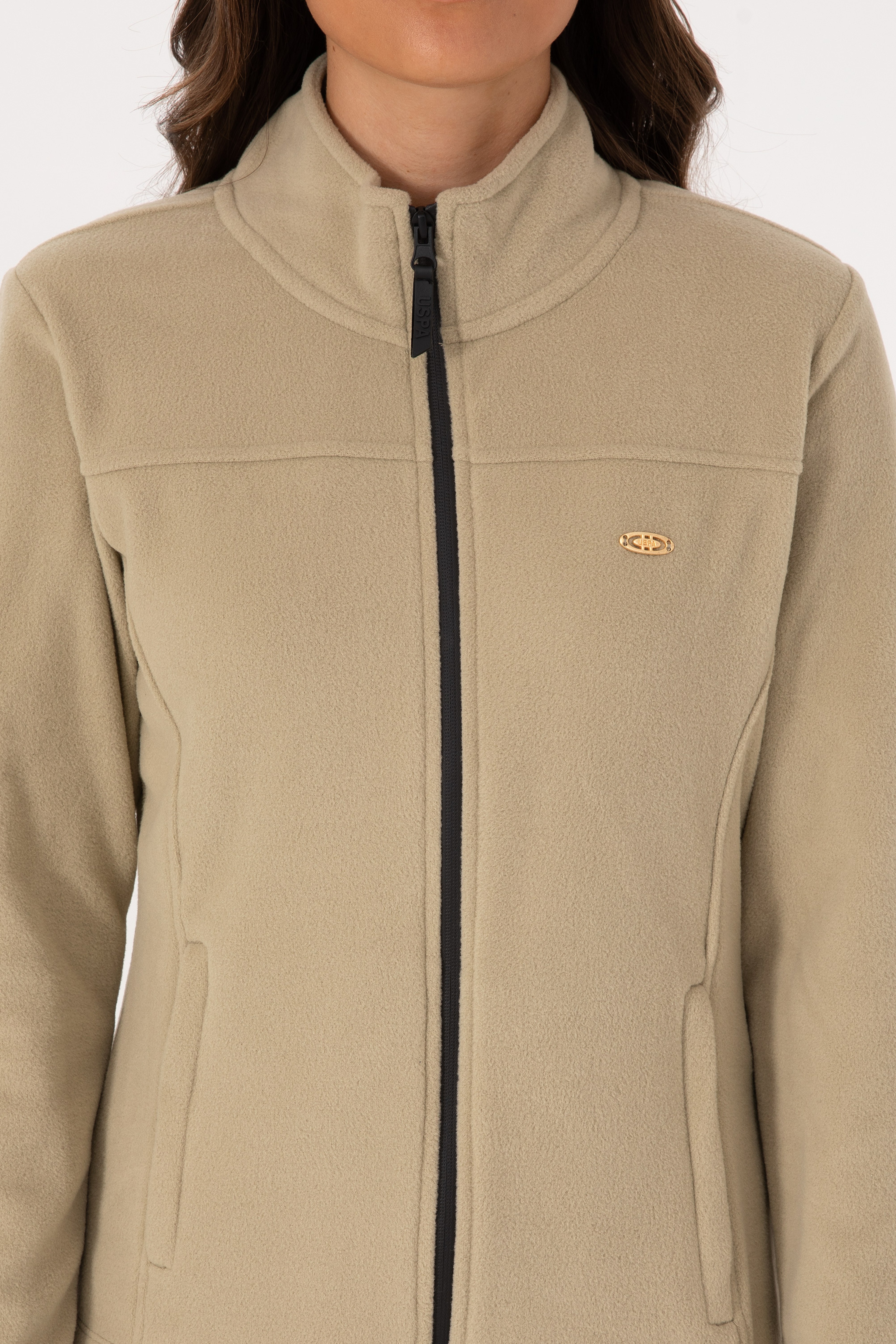 Kadın Açık Haki Fermuarlı Dik Yaka Polar Sweatshirt