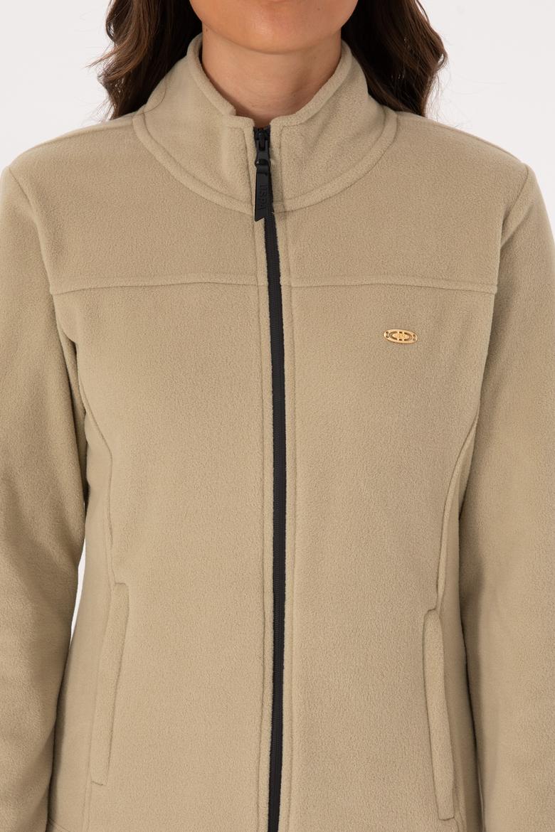 Kadın Açık Haki Fermuarlı Dik Yaka Polar Sweatshirt - 50316729016