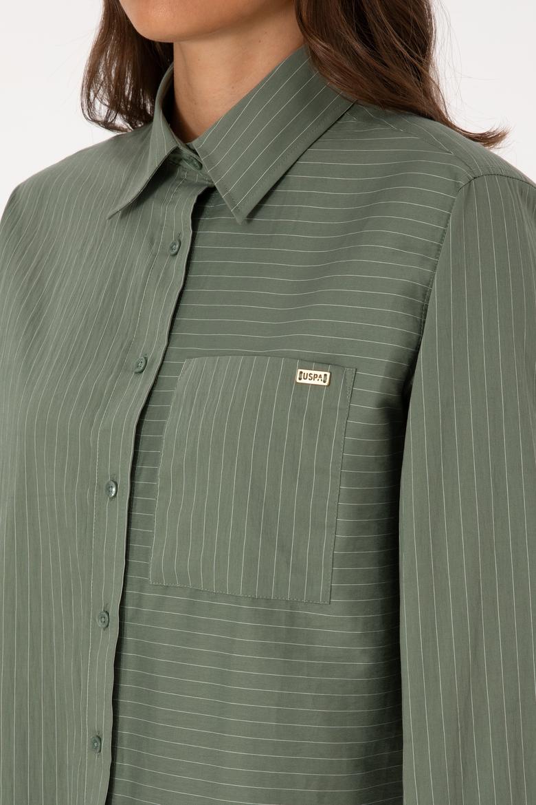 Kadın Koyu Yeşil Uzun Kollu Çizgili Gömlek - 50316387002