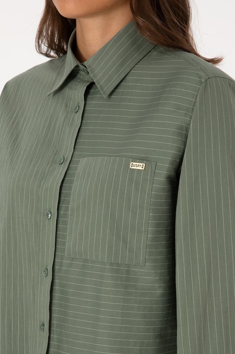 Kadın Koyu Yeşil Uzun Kollu Çizgili Gömlek