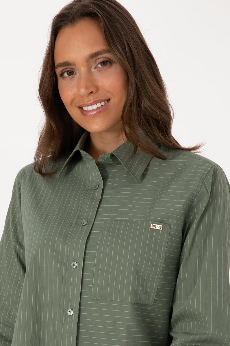 Kadın Koyu Yeşil Uzun Kollu Çizgili Gömlek