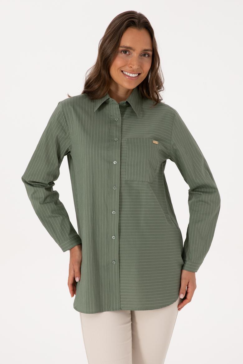 Kadın Koyu Yeşil Uzun Kollu Çizgili Gömlek - 50316387002
