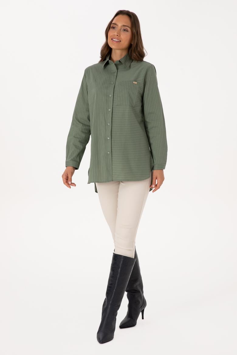 Kadın Koyu Yeşil Uzun Kollu Çizgili Gömlek - 50316387002