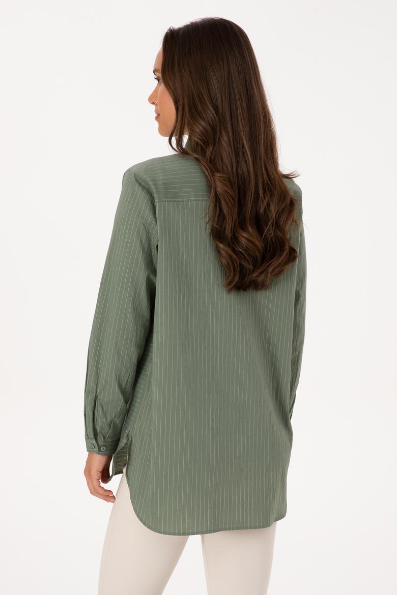 Kadın Koyu Yeşil Uzun Kollu Çizgili Gömlek - 50316387002