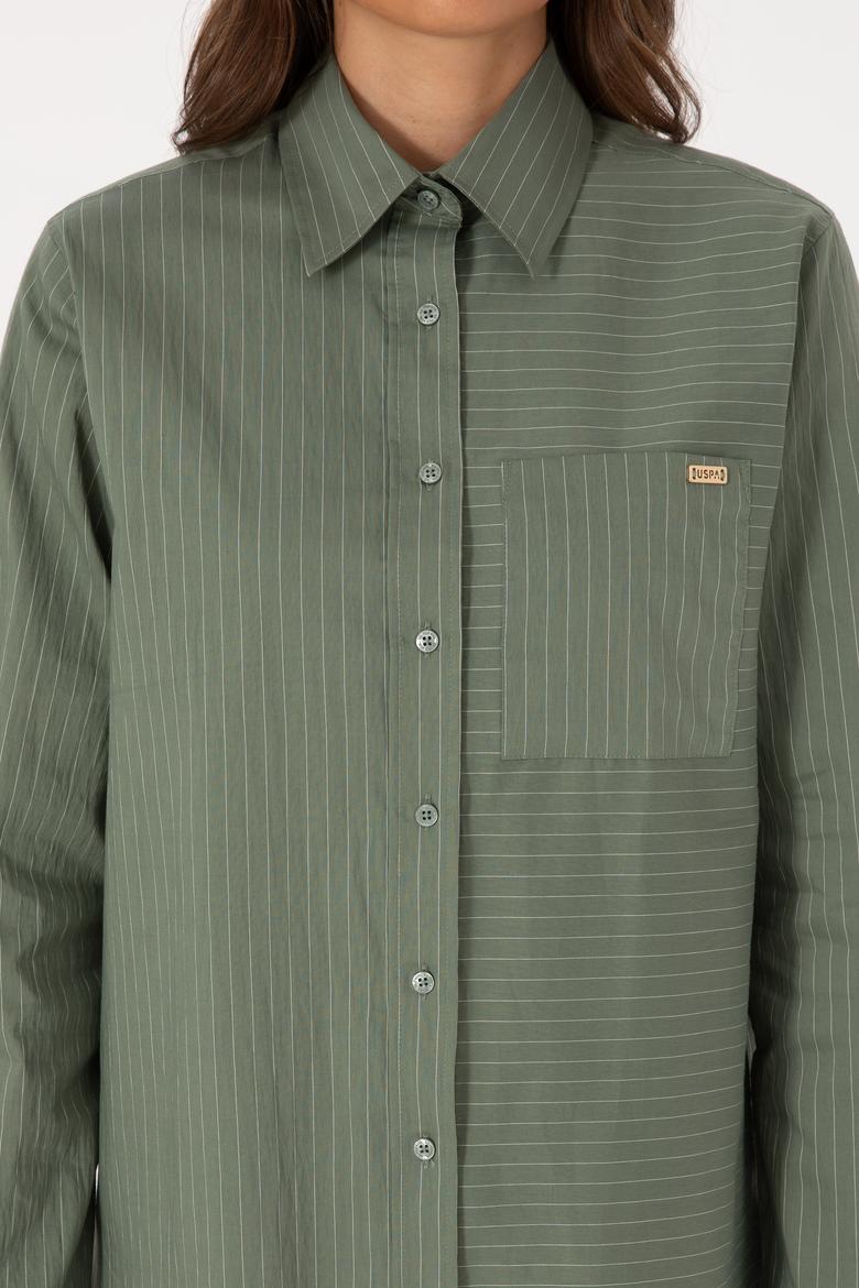 Kadın Koyu Yeşil Uzun Kollu Çizgili Gömlek - 50316387002
