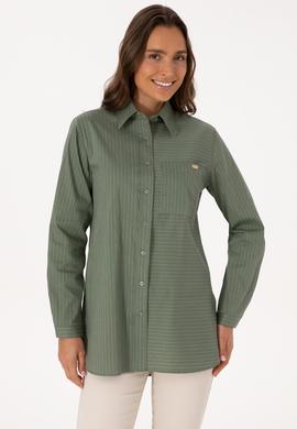 Kadın Koyu Yeşil Uzun Kollu Çizgili Gömlek - 50316387002