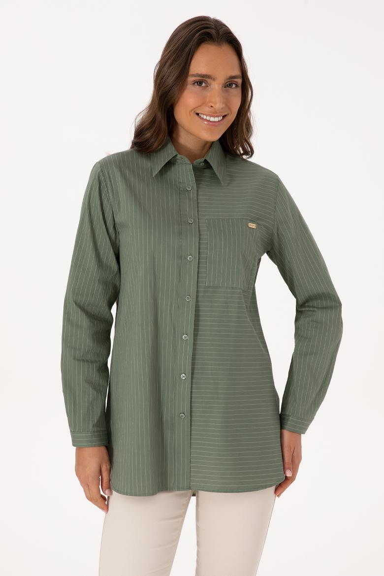Kadın Koyu Yeşil Uzun Kollu Çizgili Gömlek