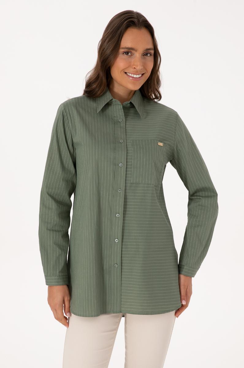 Kadın Koyu Yeşil Uzun Kollu Çizgili Gömlek