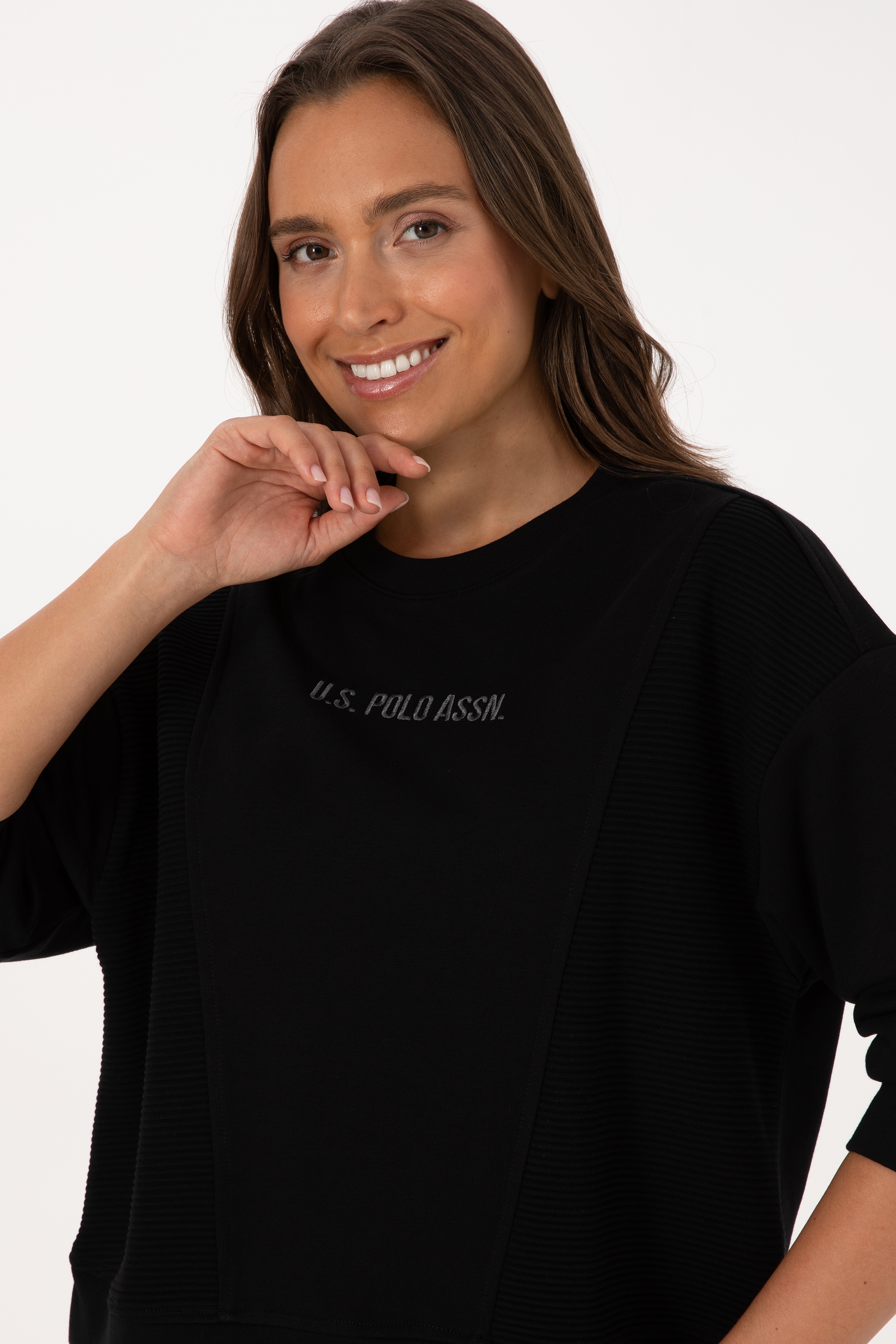 Kadın Siyah Bisiklet Yaka Sweatshirt - Image 2
