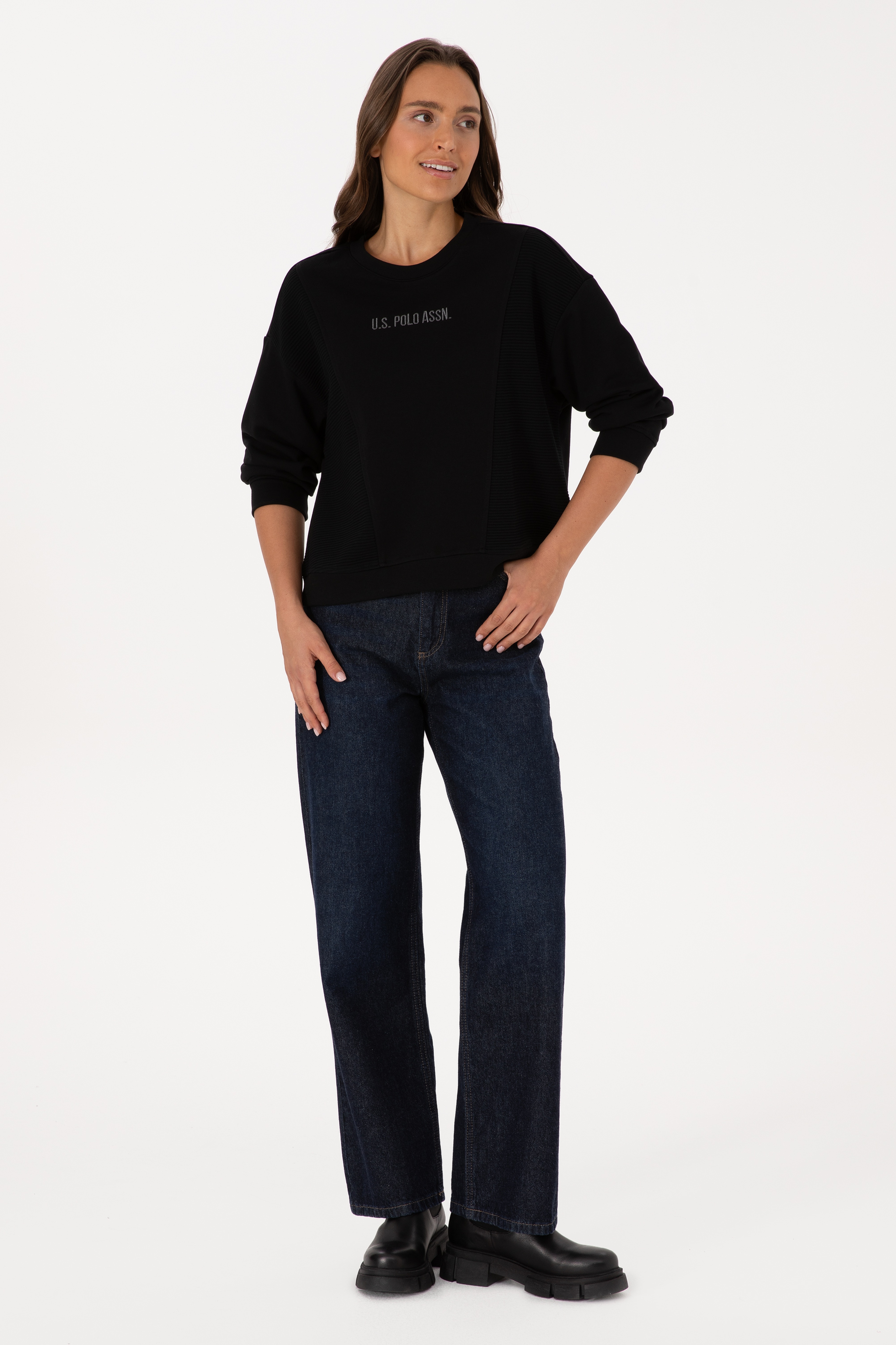 Kadın Siyah Bisiklet Yaka Sweatshirt