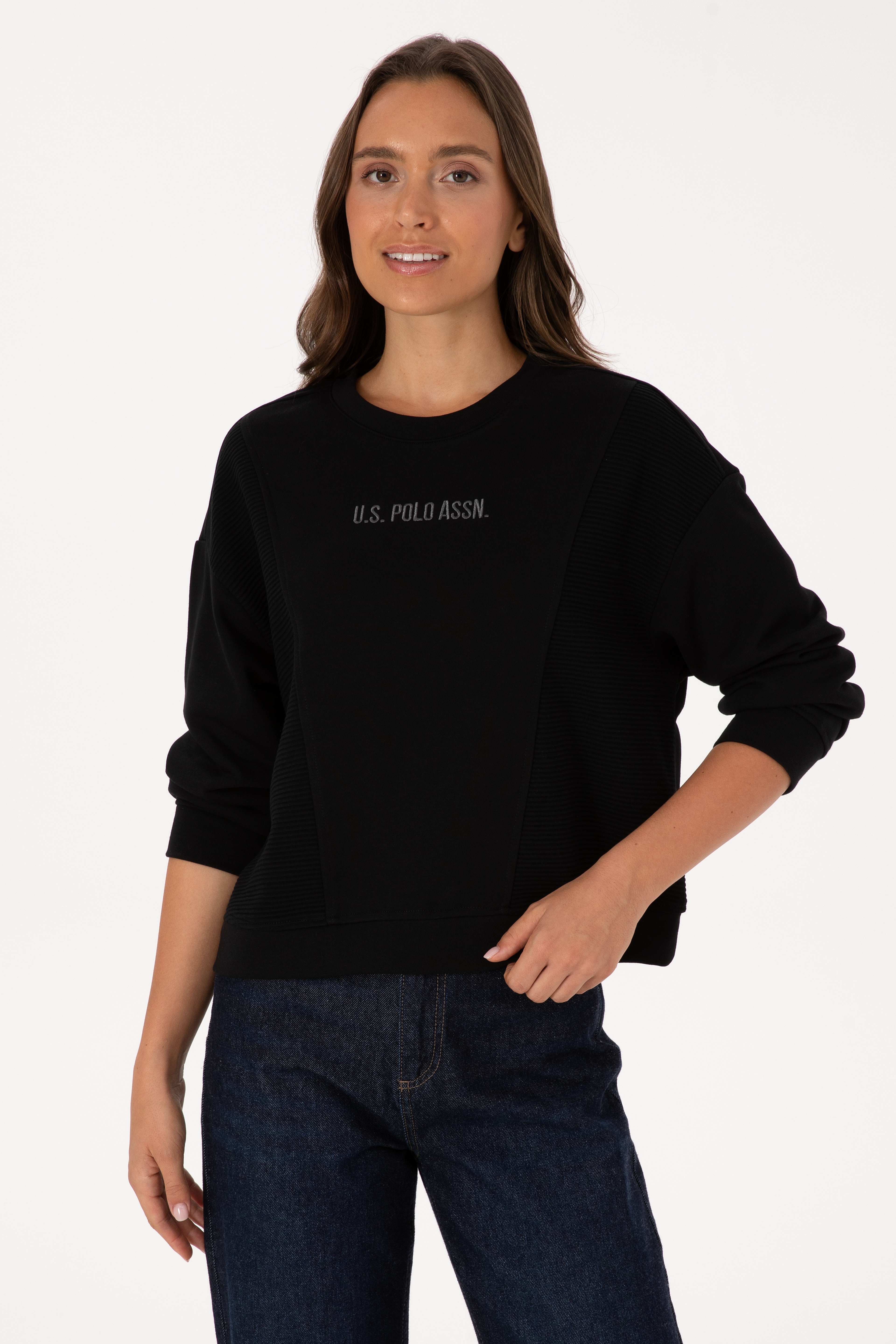 Kadın Siyah Bisiklet Yaka Sweatshirt - Image 1