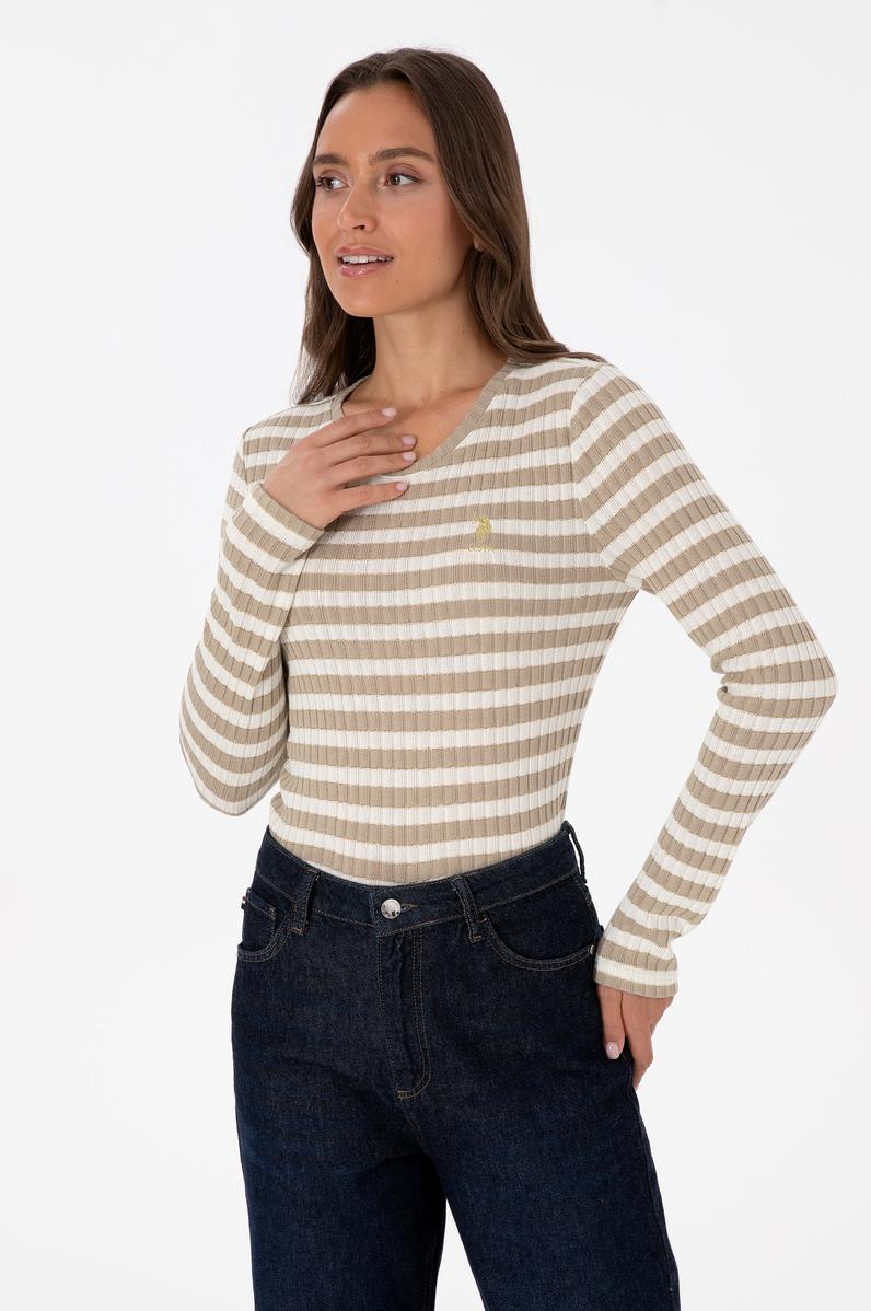 Kadın Koyu Bej Çizgili Bisiklet Yaka Sweatshirt