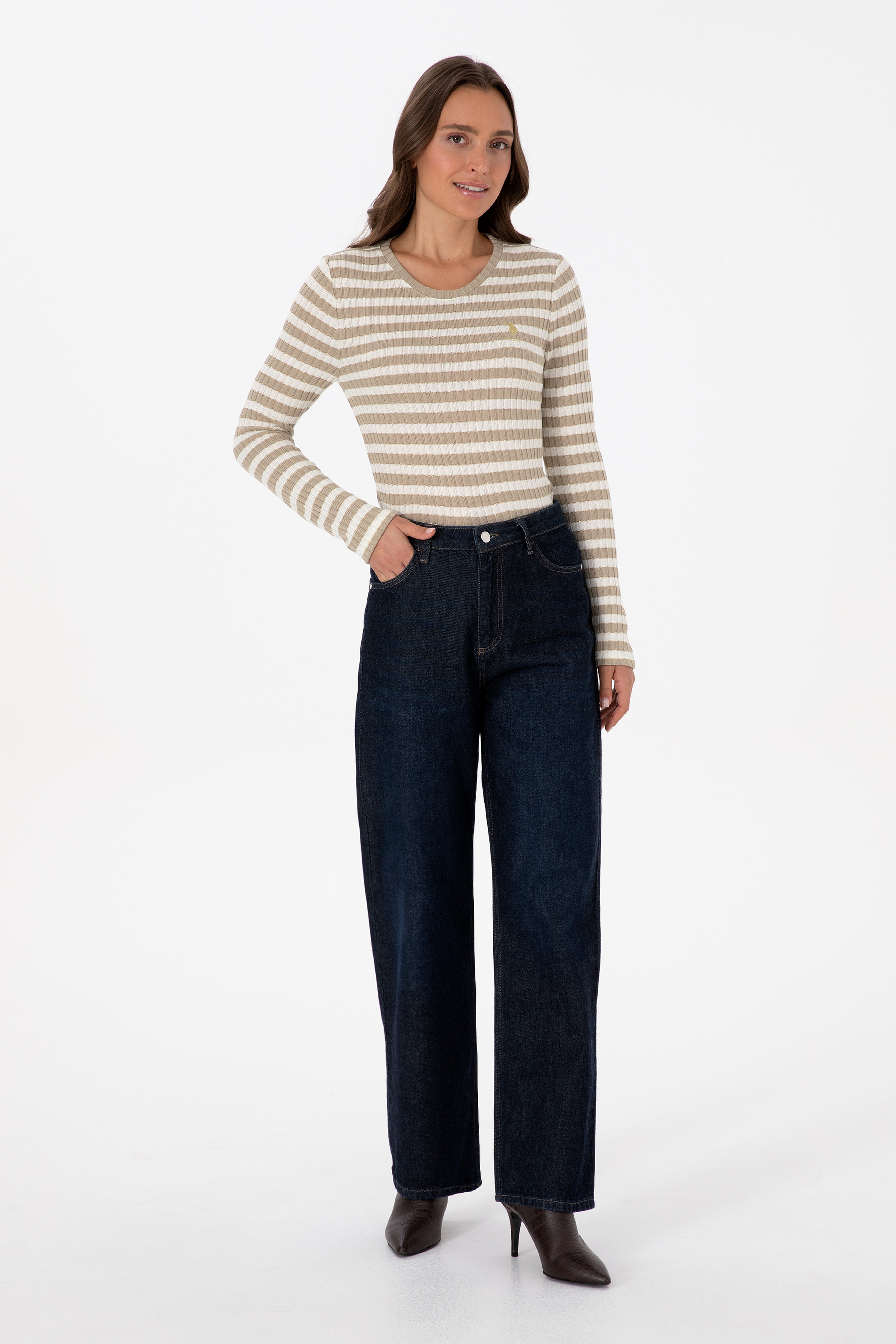 Kadın Koyu Bej Çizgili Bisiklet Yaka Sweatshirt - Image 4