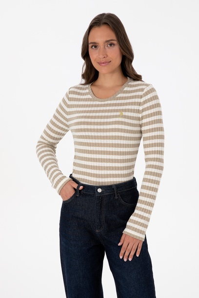 Kadın Koyu Bej Çizgili Bisiklet Yaka Sweatshirt
