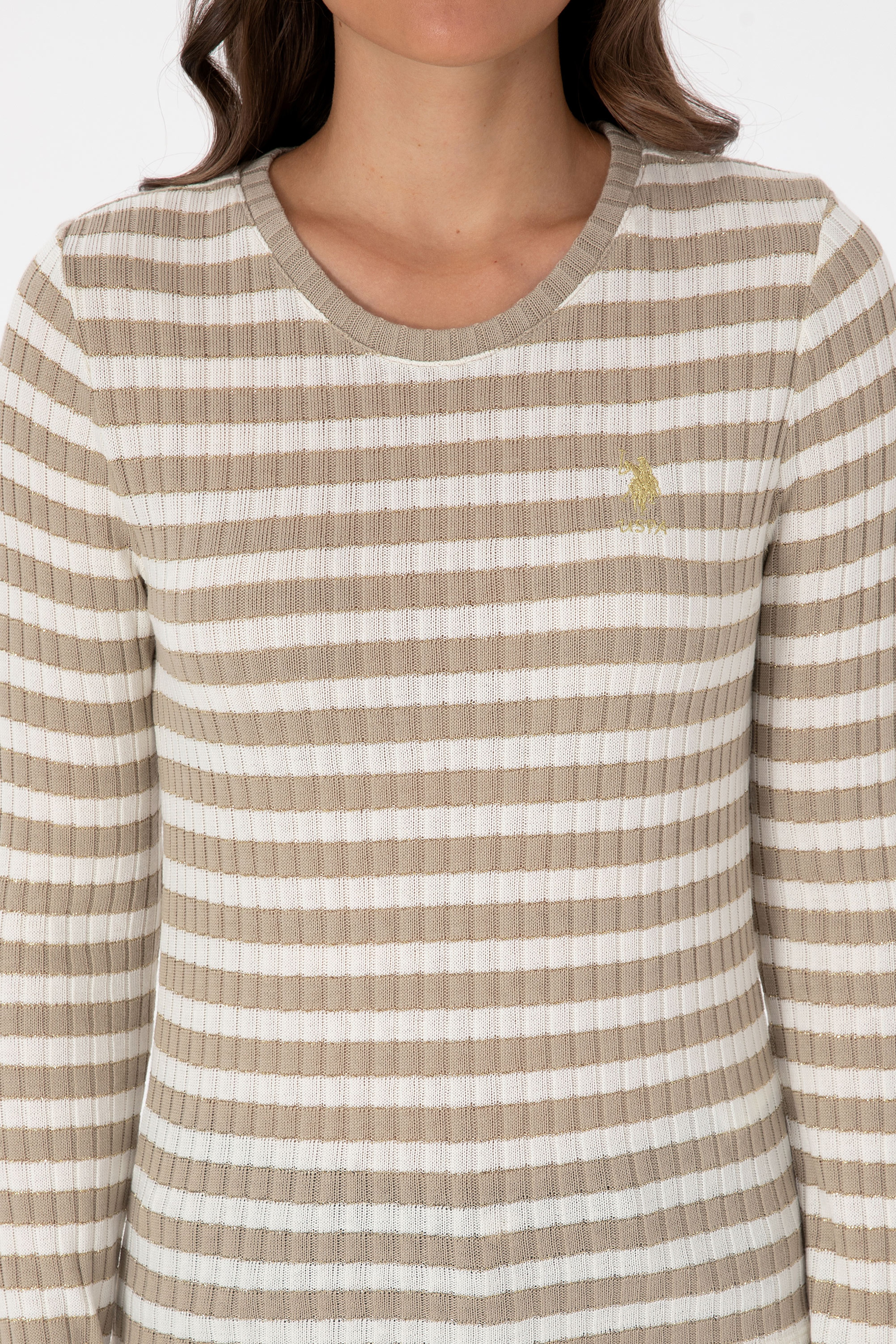 Kadın Koyu Bej Çizgili Bisiklet Yaka Sweatshirt - Image 6
