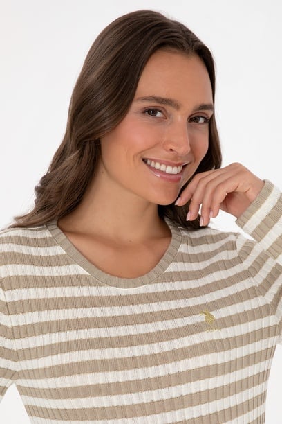 Kadın Koyu Bej Çizgili Bisiklet Yaka Sweatshirt