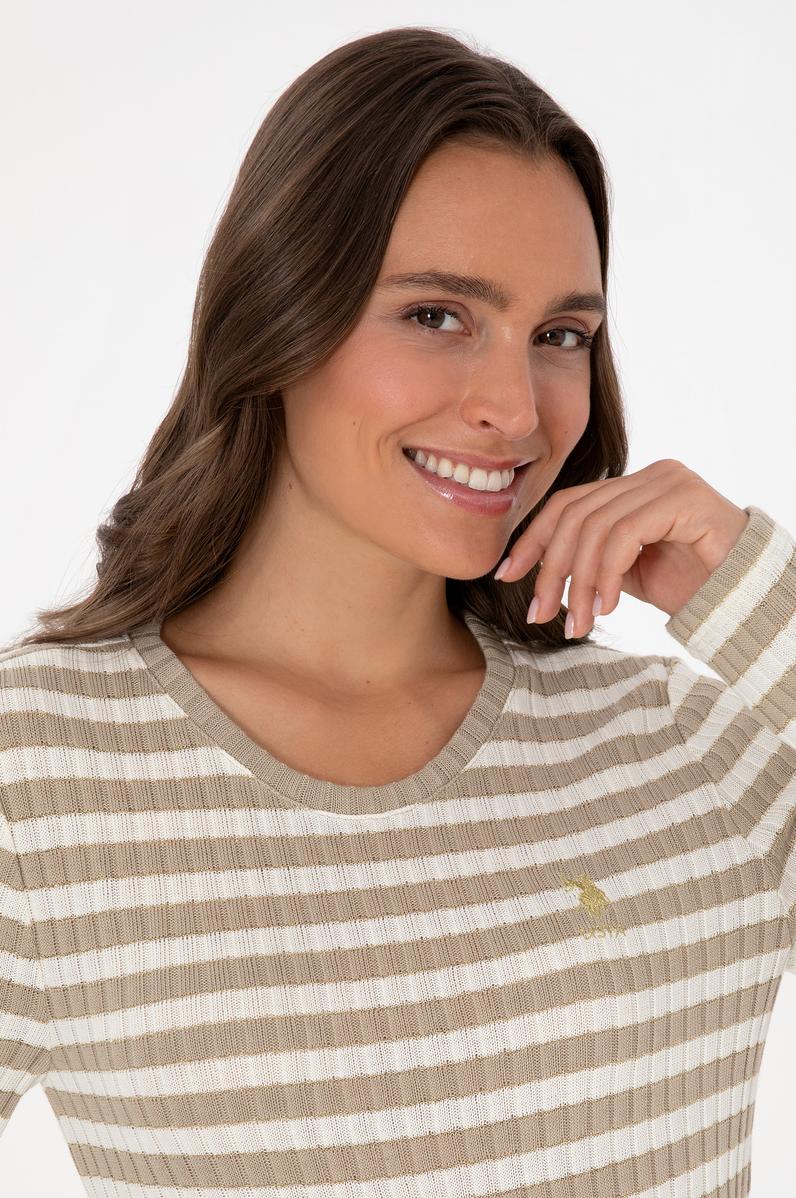 Kadın Koyu Bej Çizgili Bisiklet Yaka Sweatshirt