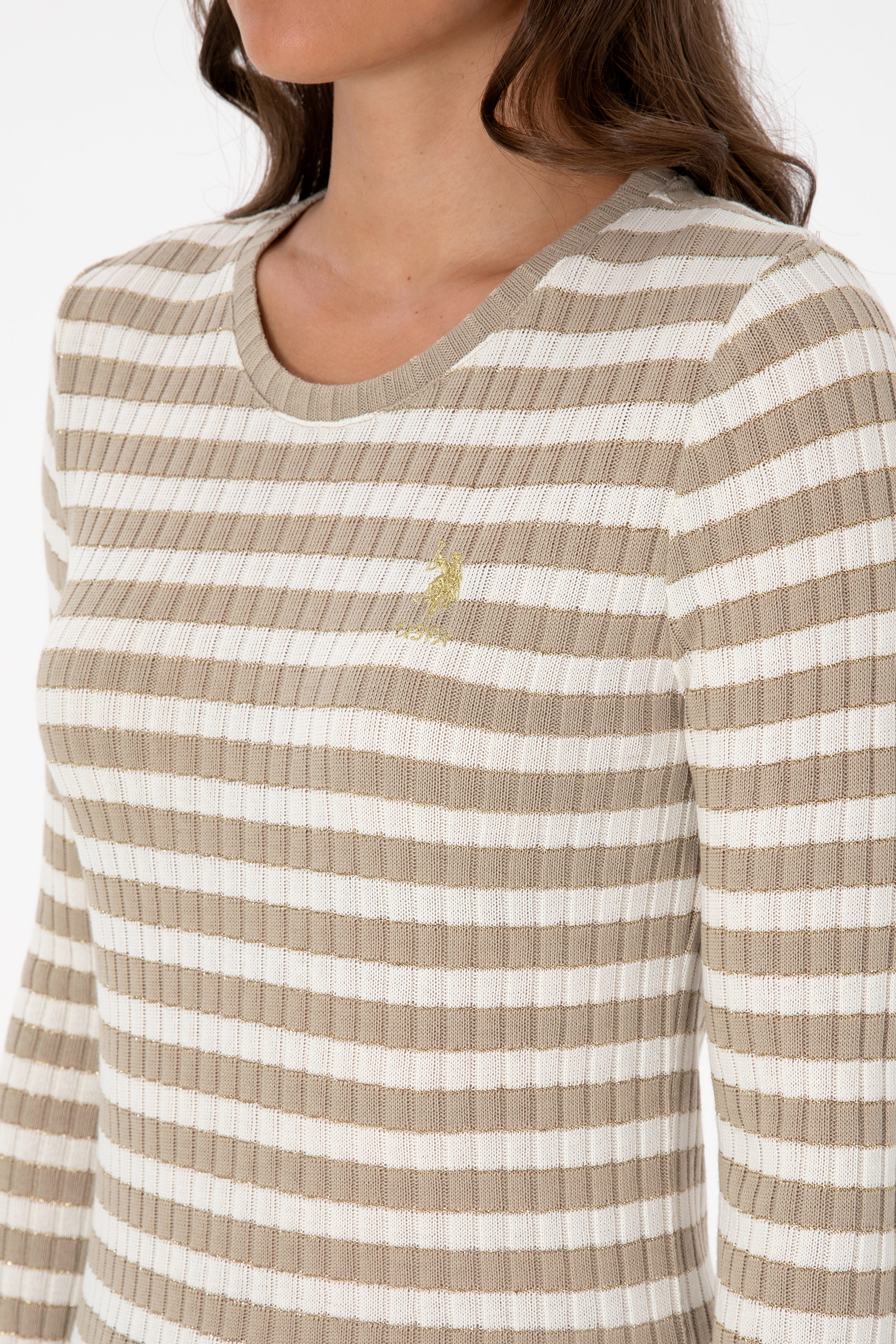 Kadın Koyu Bej Çizgili Bisiklet Yaka Sweatshirt - Image 7