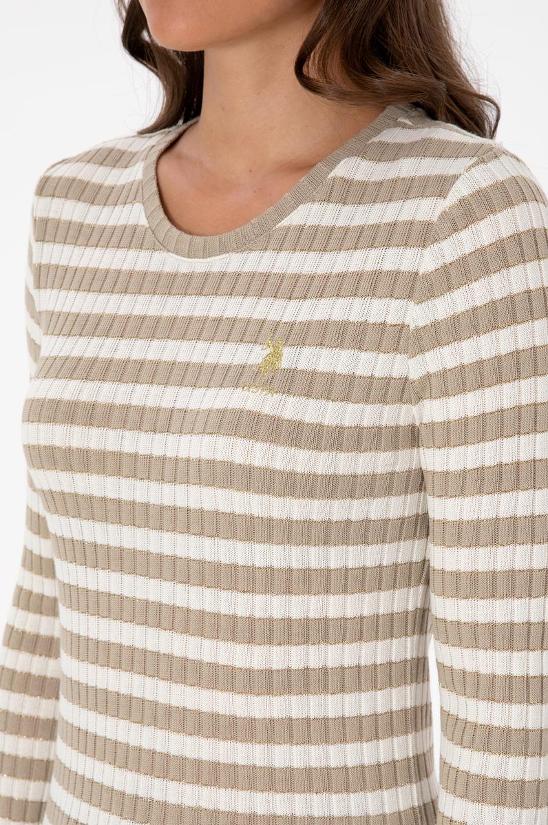 Kadın Koyu Bej Çizgili Bisiklet Yaka Sweatshirt