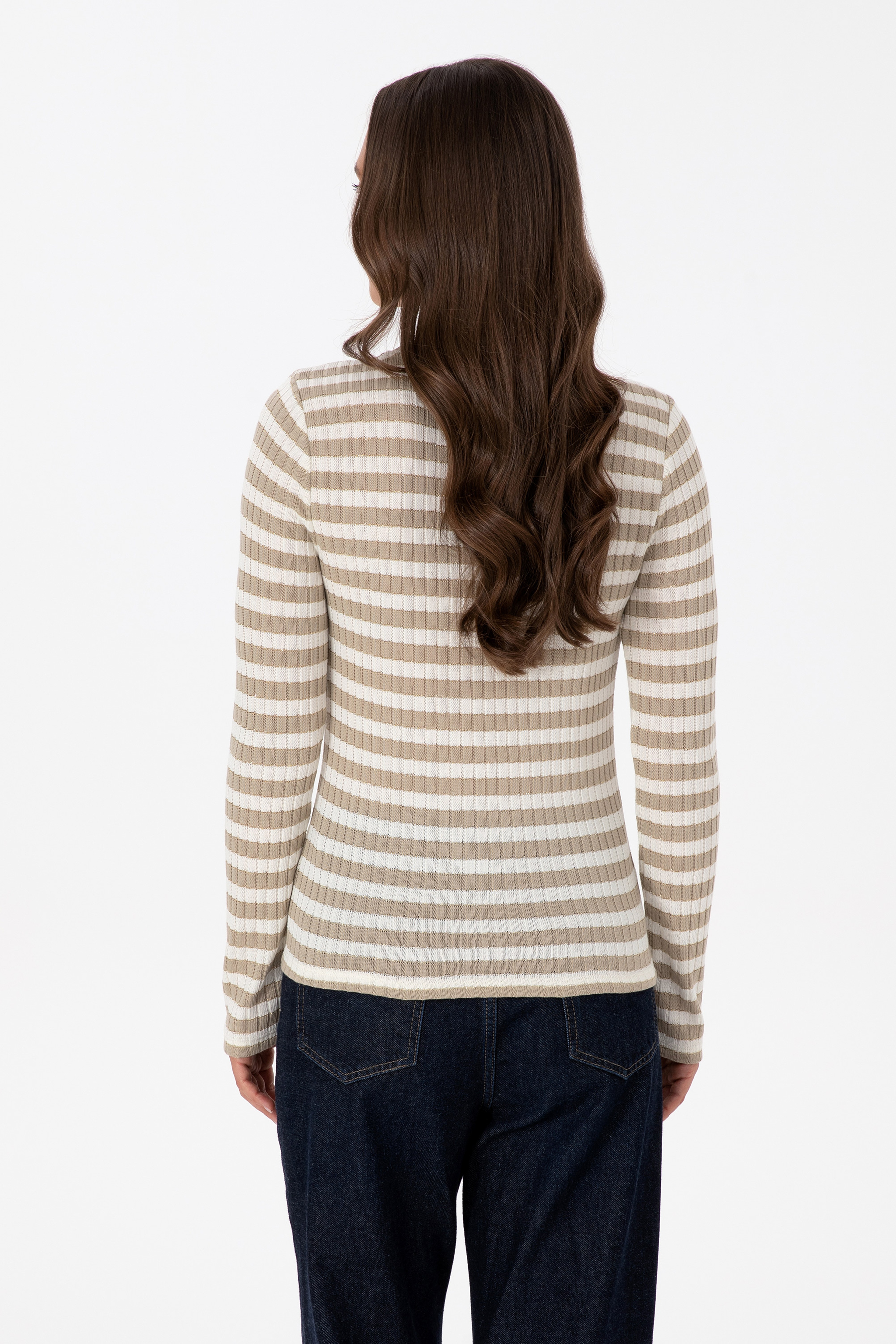 Kadın Koyu Bej Çizgili Bisiklet Yaka Sweatshirt - Image 5