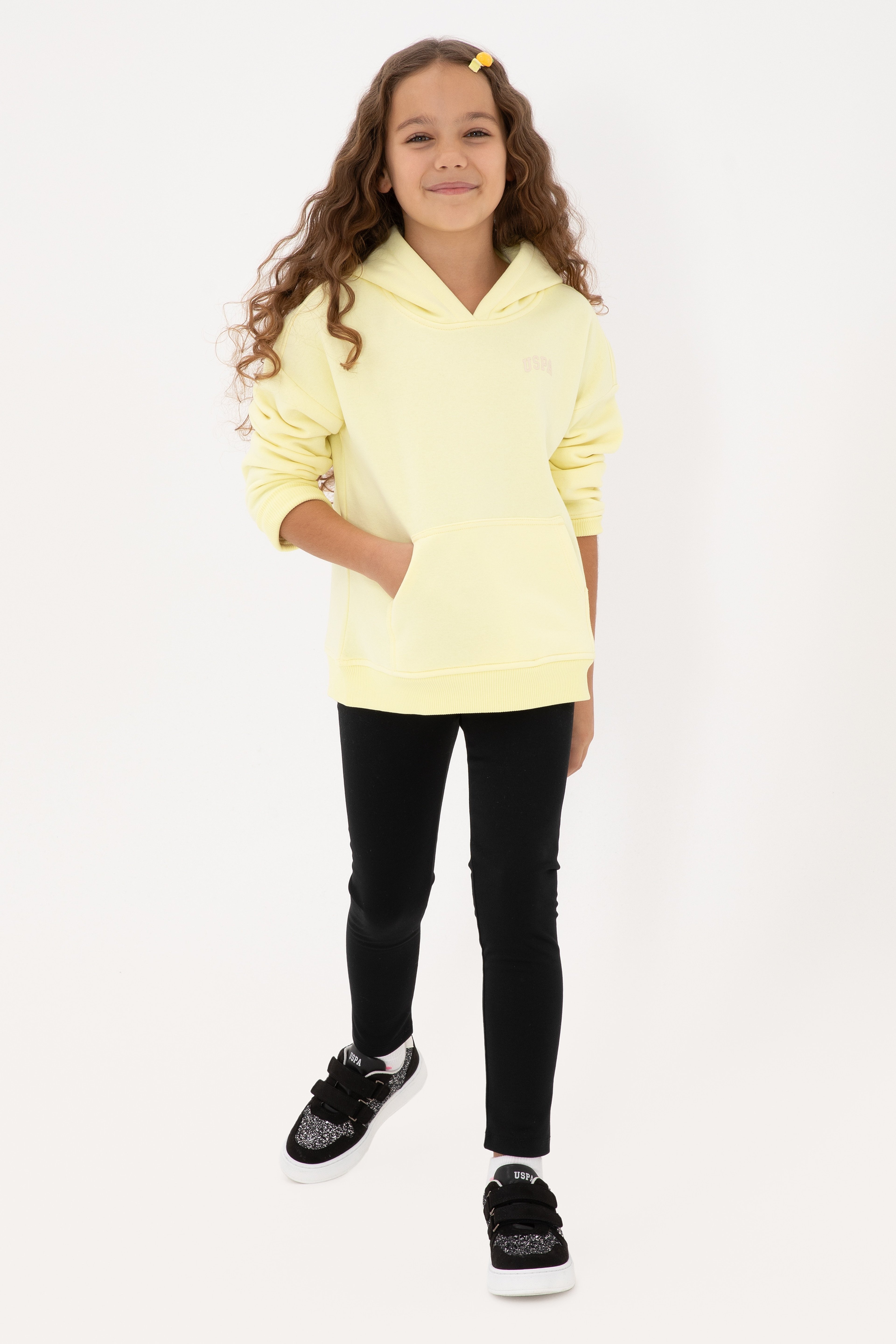 Kız Çocuk Sarı Kapüşonlu Şardonlu Basic Sweatshirt