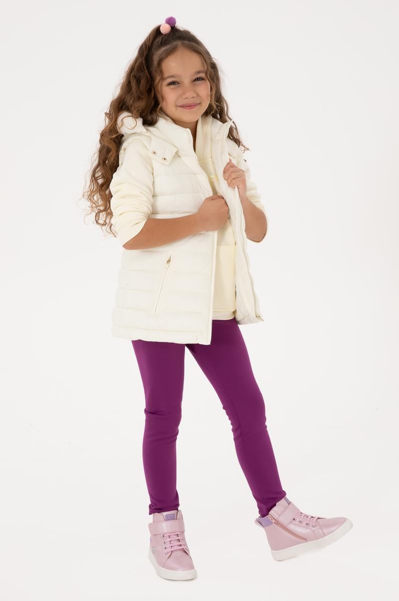 Kız Çocuk Krem Kapitone Kapüşonlu Şişme Yelek