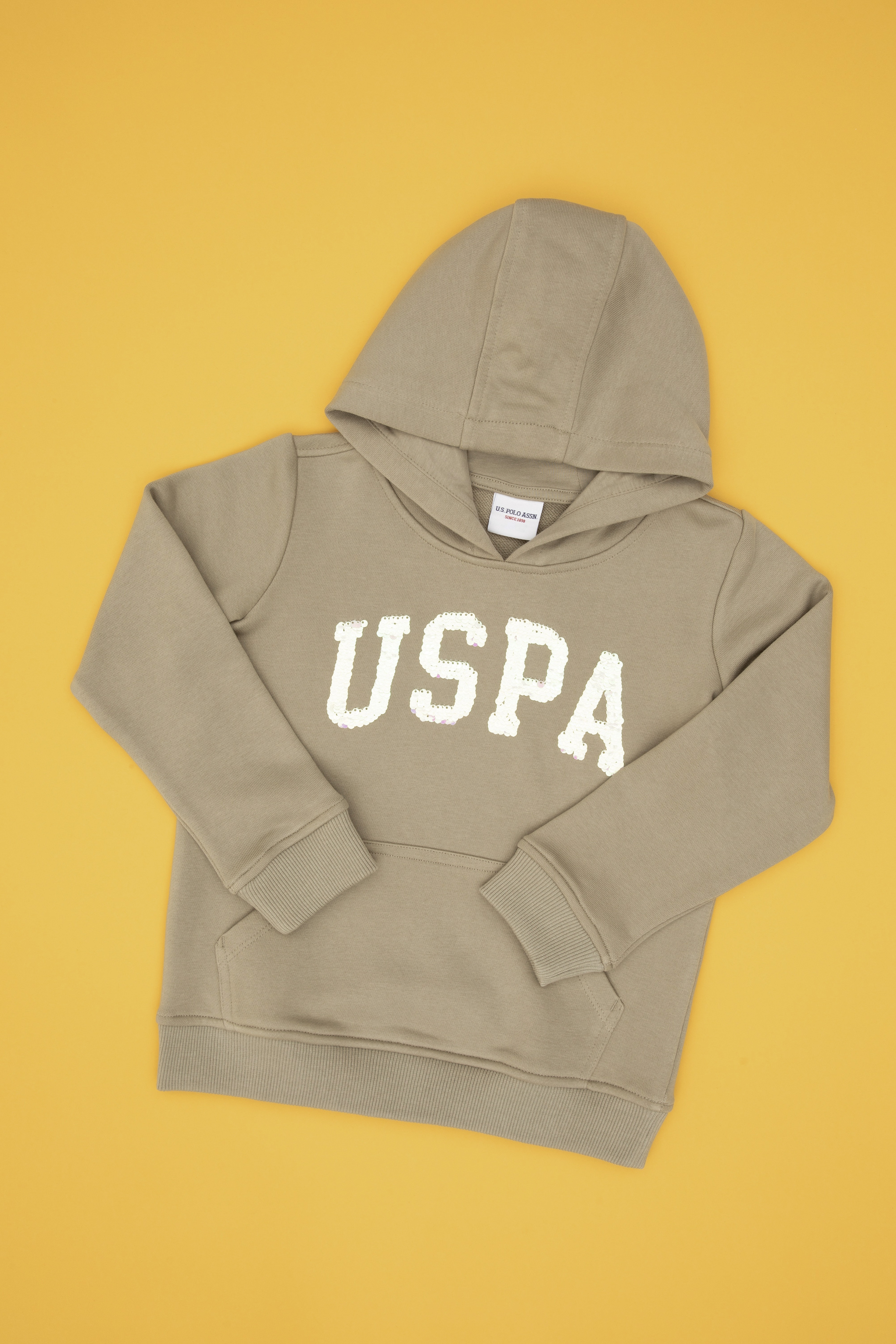 Kız Çocuk Açık Haki Payet İşlemeli Kapüşonlu Basic Sweatshirt