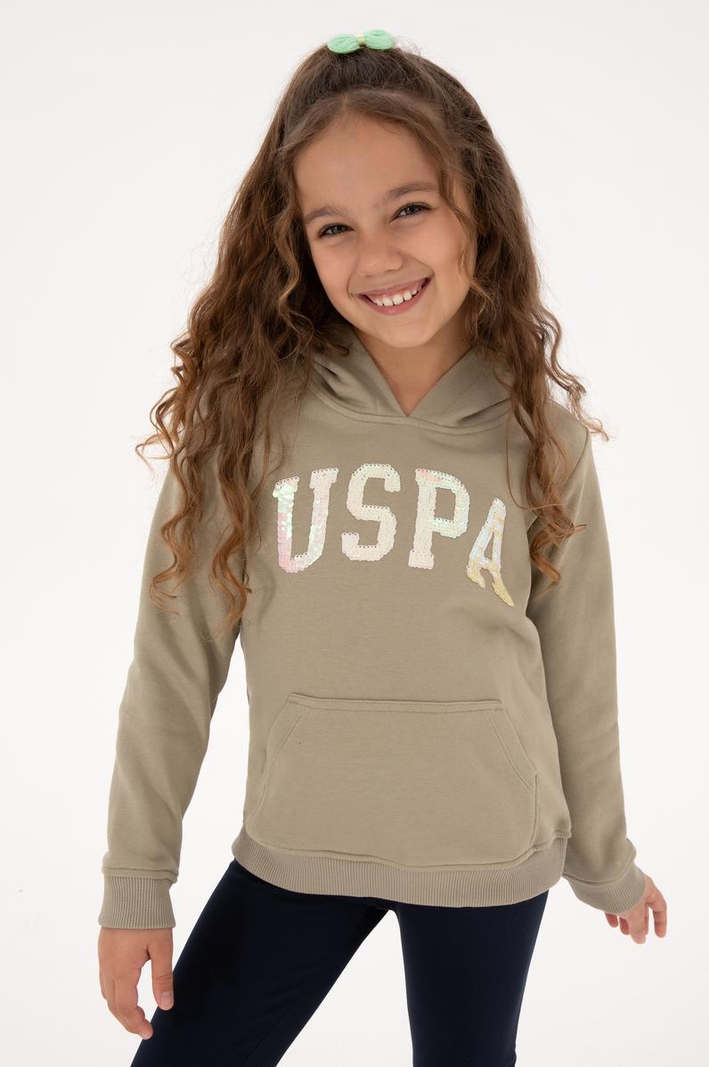 Kız Çocuk Açık Haki Payet İşlemeli Kapüşonlu Basic Sweatshirt