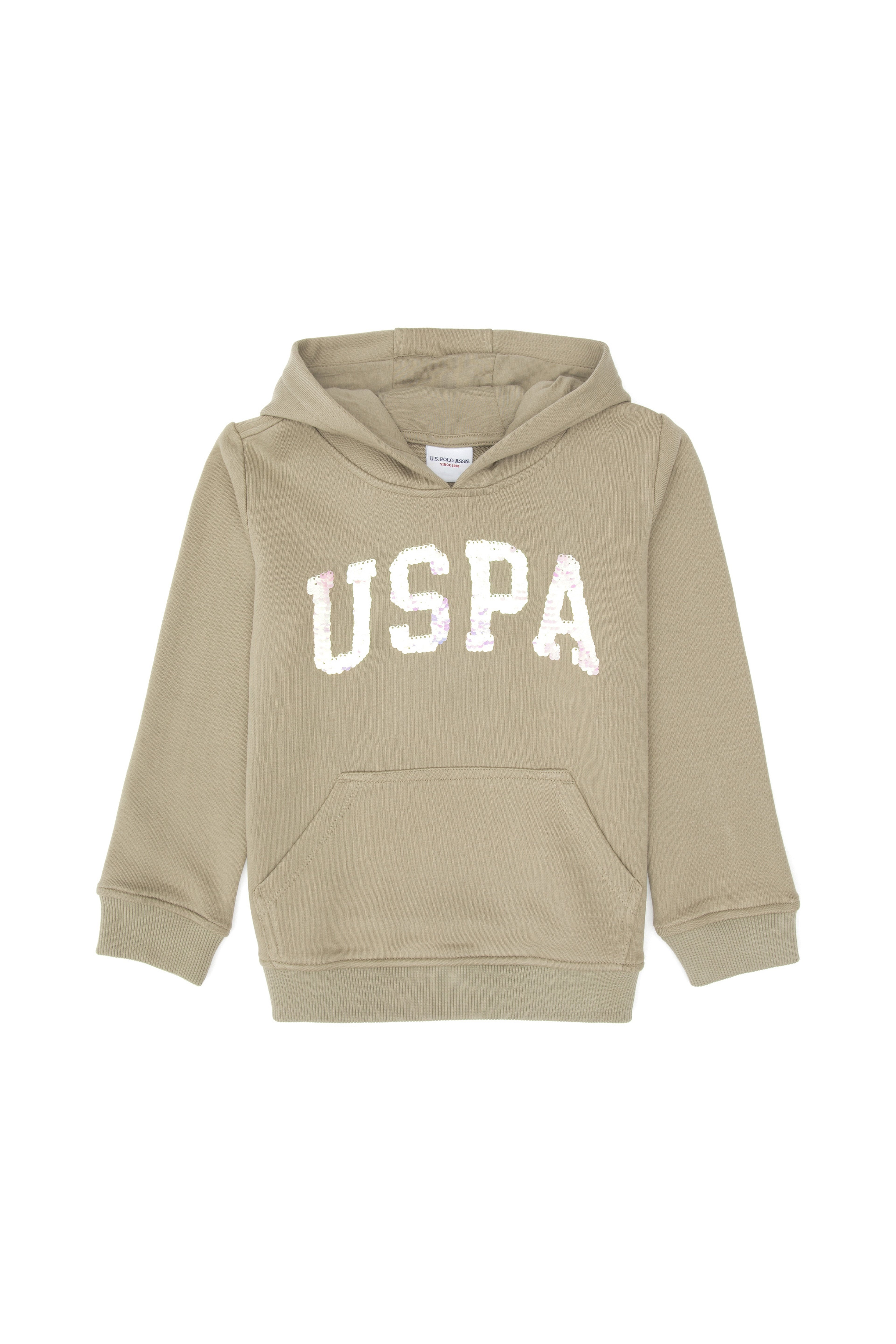 Kız Çocuk Açık Haki Payet İşlemeli Kapüşonlu Basic Sweatshirt