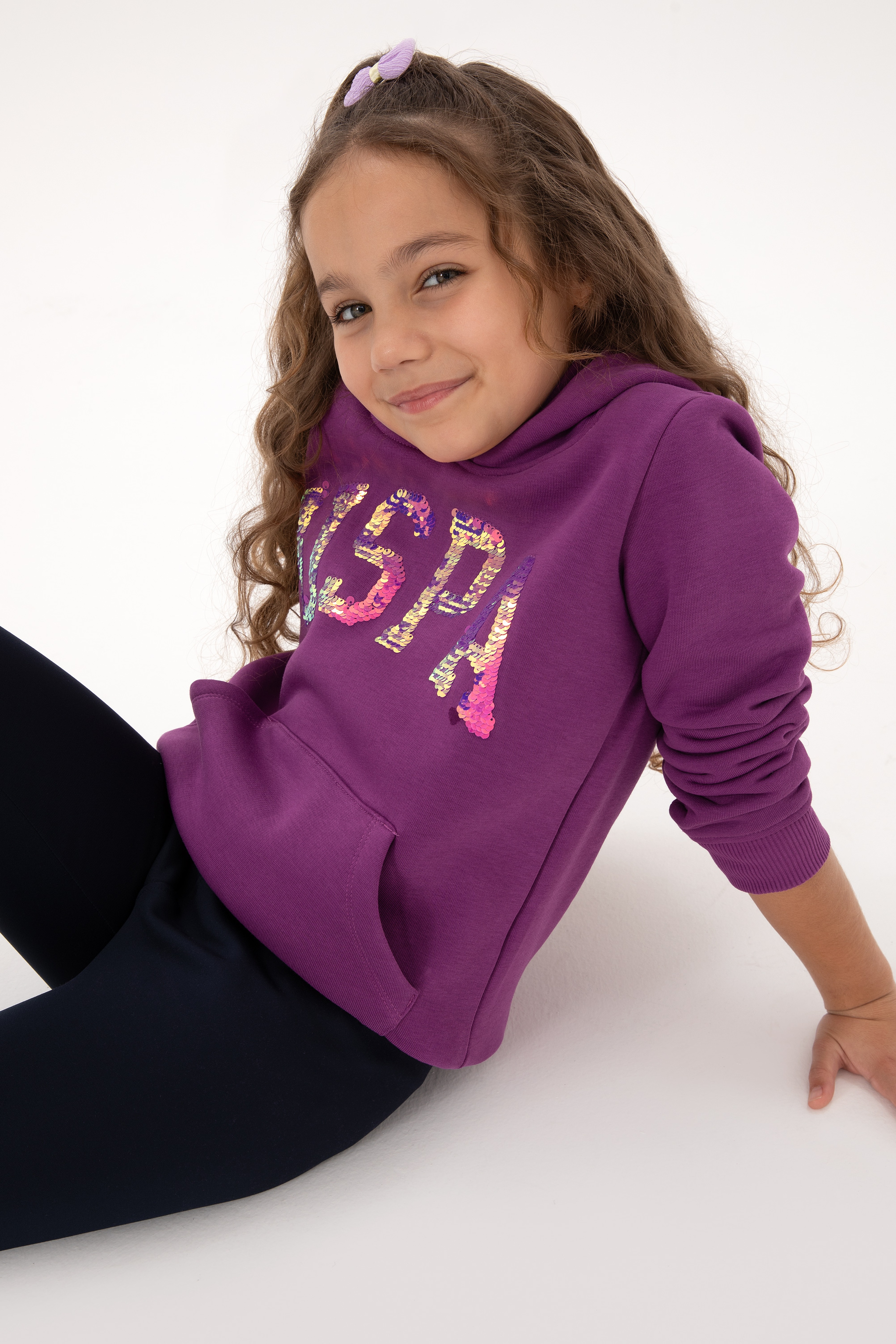 Kız Çocuk Menekşe Payet İşlemeli Şardonlu Kapüşonlu Basic Sweatshirt - Image 1