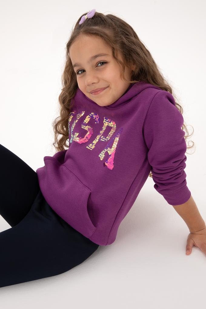 Kız Çocuk Menekşe Payet İşlemeli Şardonlu Kapüşonlu Basic Sweatshirt