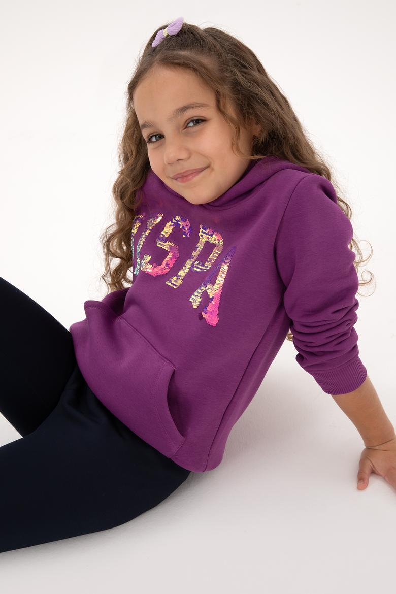 Kız Çocuk Menekşe Payet İşlemeli Şardonlu Kapüşonlu Basic Sweatshirt